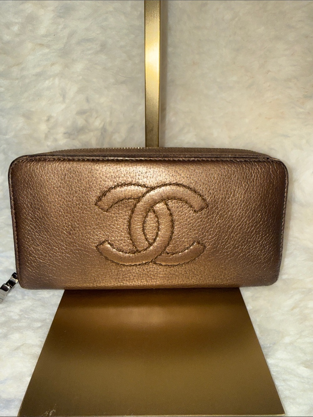 CHANEL Metallic Bronze Quilted CC Zip Wallet